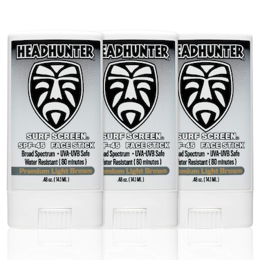 Headhunter Sunscreen Face Stick SPF 45, Waterproof Surf Sunblock for Waterman, Water-Resistant Facial Sunscreen for Ultra-Sport Protection and Solar Defense (80 min), Tinted Light Brown