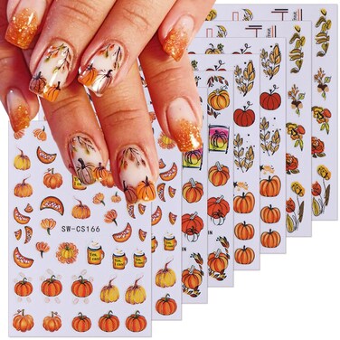 8 Sheets Fall Nail Art Stickers 3D Autumn Thanksgiving Nail Decals Turkey Pumpkins Squirrel Thanksgiving Nail Design Supplies Self-Adhesive Gold Maple Leaf Nail Stickers for Women DIY Holiday Manicure