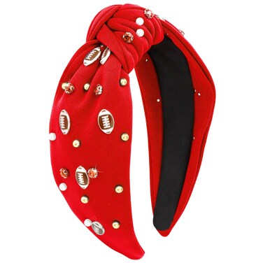 YARIEW Knotted Jeweled Top Knot Headband for Women, Sports Fan Mom Christmas Gifts (Red)