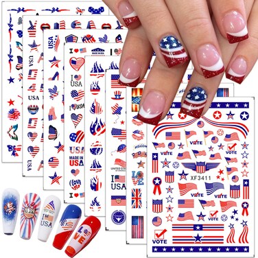 8Pcs 4th of July Nail Stickers Independence Day Nail Art Stickers USA Patriotic Theme Nail Design Supplies 3D American Flag Heart Eagle Butterfly Nail Decals for Memorial Day DIY Manicure Decoration