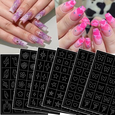 6 Sheets Airbrush Stencil Nail Stickers for Nails Art Flowers Flame Heart Star Butterfly Flame Nail Art Stickers French Hollow Auxiliary Design Nail Guides Decals DIY Salon Manicure Templates Tool