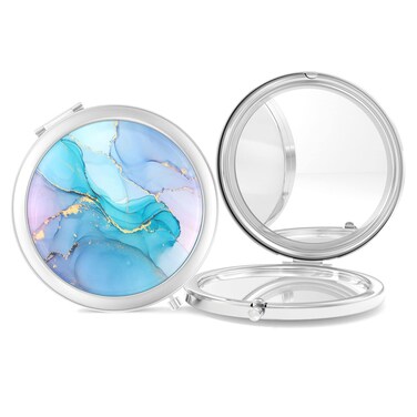 Nipichsha Compact Mirror, Pocket Travel Makeup Mirror, 2 - Sided 2X / 1X Magnification, Small Folding Portable Handhelds, 2.75 in Silver, Colorful Ink Marble