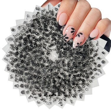 30 Sheets Black Flower Nail Art Stickers - Heart, Butterfly Design Charms - 3D Self Adhesive Nail Art Supplies for Women &amp; Girls - Manicure Decoration Floral Nail Decals