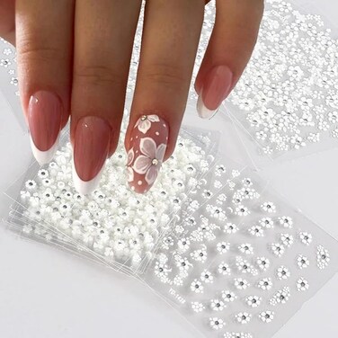 30 Sheets White Rhinestone Flower Nail Art Stickers 3D Self-Adhesive Flower Nail Stickers Design Holographic Small Flowers with Rhinestones Suitable for Women Nail Art Decoration