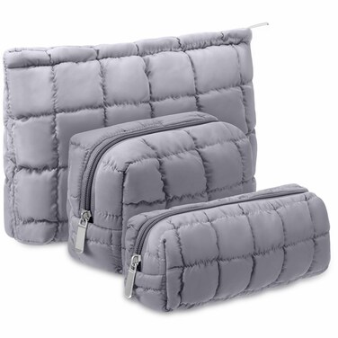 3 Pcs Puffy Makeup Bag Quilted Cosmetic Pouch for Women Cute Checkered Travel Toiletry Bag Puffer Makeup Organizer Purse Pouch Preppy Pencil Case with Zipper