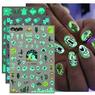 Halloween Nail Art Stickers Glow in Dark Halloween Nail Decorations 3D Fluorescent Design Skull Spider Witch Ghost Nail Decals Self-Adhesive Halloween Stickers for Women DIY Manicure Supplies 6 Sheets