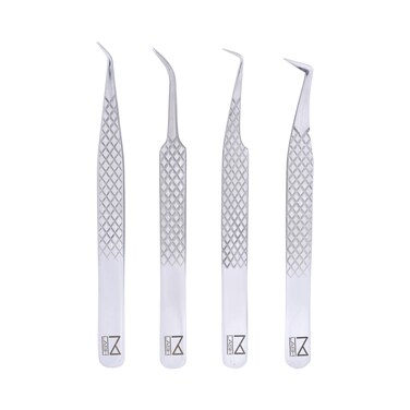 M LASH Tweezers for Eyelash Extensions (Set of 4) - Professional Lash Extension Tweezers - Fiber Tip, Japanese Steel, Diamond Grip (Silver)