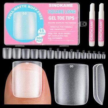 Wider Long Square Toe Nail Tips Full Cover with Glue, SINOKAME No File Matte Toe Nail Press Ons Clear, Soak Off Fake Toenails Extensions DIY Home Manicure Kit for Women &amp;Men,300 Pcs 15 Sizes