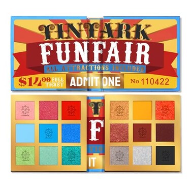 18 Color Funfair Eyeshadow Palette, Carnival Party Eyeshadows, Gold Slivery Black White Yellow Orange Brown Bronzer Red Blue Purple Green Eye Shadow Palettes, Glitter Matte Shimmer