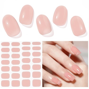 Semi Cured Gel Nail Strips, 28 pcs Gel Nail Strips Work with Any UV Lamp, Long Lasting Gel Nail Stickers Full Nail Wraps, Salon Quality, Easy to Apply for Wedding(Sakura Powder)