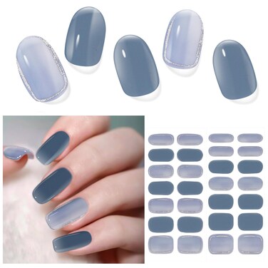 28pcs Semi Cured Gel Nail Strips, Gel Nail Stickers Kit Work with Any UV Nail Lamps, Long Lasting Gel Nail Wraps for Women, Includes Prep Pads, Nail File &amp; Wood Stick(Blue Horizon)