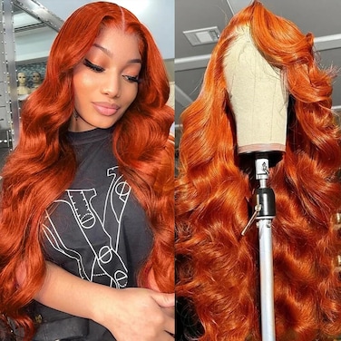 Ginger Orange 30 Inch Lace Front Wig - Body Wave Wavy Human Hair, 13x6 HD Lace Front, Glueless, 180% Density, Transparent HD Lace Frontal, Pre Plucked With Baby Hair