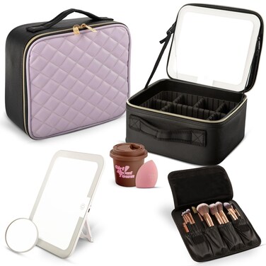 Girl About Town Travel Makeup Bag with LED Mirror - LED Makeup Bag with 10x Magnifier Mirror and Beauty Blender Included - Water-Resistant &amp; Customizable Makeup Case with Lighted Mirror