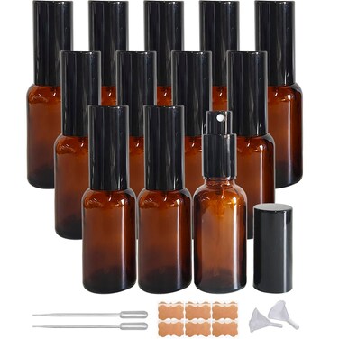 12 Pack 1oz Amber Glass Spray for Essential Oils, Small Spray Bottle, Fine Mist Spray,Black Sprayer,for Perfume, Hair &amp; Cleaning