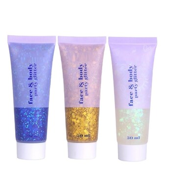3 Color Face and Body Glitter Gel, Neon Outfit Glow Party for Body Hair Face Nail Glitter Stick Makeup. (01-Blue&amp;02-Gold &amp;06-White Moonbeam)