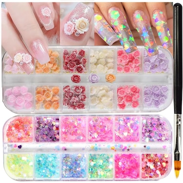 12 Grids Rose Flower Nail Charms 12 Grids Iridescent Glitter Nail Art Sequins1 Pcs Pen,3D Flat-Back Flower Holographic Irregular Nails Glitter Flakes Decoration Tips