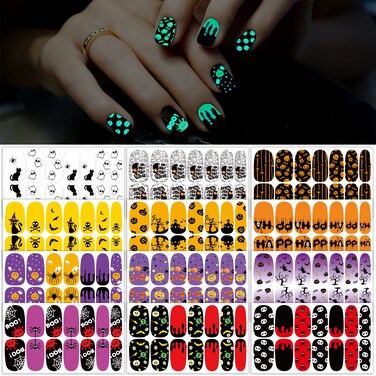 TailaiMei 12 Sheets Glow in The Dark Halloween Nail Wraps Stickers, Fluorescent Nail Polish Strips Self-Adhesive Full Wraps with 2 pcs Nail Files for DIY Nail Art Decals (Dark Style)