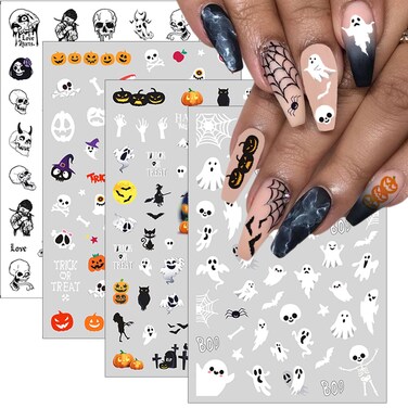 6 Sheets Glow in The Dark Halloween Nail Art Stickers, Cute Pumpkin Ghost Spider Web Skull Bat 3D Design Self-Adhesive Nail Art Decals, DIY Manicure Decoration Supplies Accessories for Women Girls