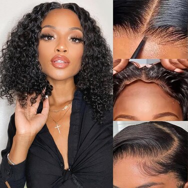 Glueless Wigs Human Hair Pre Plucked Curly 4x4 Lace Closure Wet and Wavy Bob for Women Black 12 inch