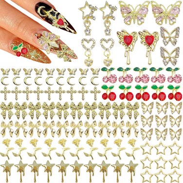 110 PCS Gold Nail Charms Cross Nail Art Charms Bow Charms 3D Star Charms Heart Charms Cherry Nail Gems Butterfly Nail Rhinestone Gold Charms for Nails for Women Nail DIY Design