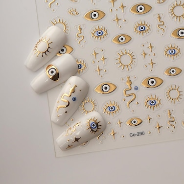 Gold Evil Eye Nail Art Stickers 3D Gold Nail Stickers Star Snake Nail Decals Gold Stickers for Nails Designs Self-Adhesive Nail Art Supplies for Women Girls DIY Manicure 1 Sheets