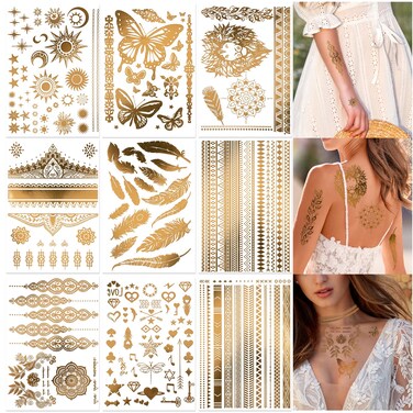 DPKOW 9 Sheets Gold Temporary tattoos, Gold Tattoos Temporary Metallic Tattoos Moon Star Butterfly Glitter Tattoos Festival Tattoos Flash Fake Waterproof Tattoo Stickers for Women Girls Body Art