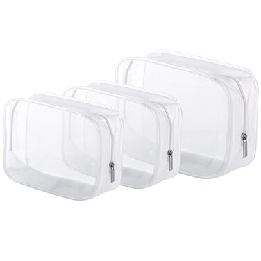 3 Pack Clear Plastic Zippered Toiletry Carry Pouch TSA Approved Toiletry Bag Portable Cosmetic Makeup Bag for Vacation, Bathroom and Organizing (White 3Pcs, Small/Large)