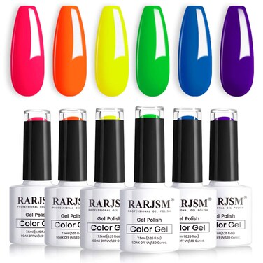 RARJSM Neon Gel Polish Set, Hot Pink Nail Polish,Yellow Green Purple Blue Orange Gel Nail Polish, Spring Summer Color Gel Nail Polish Kit, Curing Required,6 PCS 7.5ML Nail Art