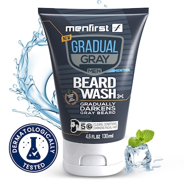 MENFIRST Gradual Gray Darkening Beard Wash - Gray Reducing Beard Wash, Beard Color Shampoo for Men - Hypoallergenic &amp; Harsh Chemical-Free Beard Dye for Men - For Dark Shades, 4.6 Fl Oz (Pack of 1)