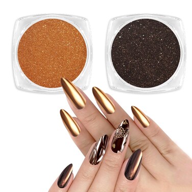 Allstarry Chrome Nail Powder 2pcs Metallic Mirror Effect Dust Glitter Glazed Manicure Decoration Reflective Pigment for Gel Polish Nail Art Decoration Resin Craft, Festivals - Coffee Brown