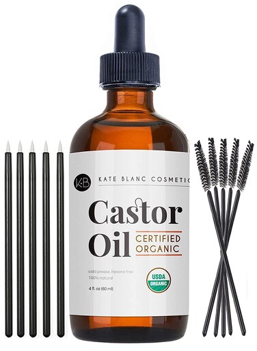 Kate Blanc Cosmetics Organic Castor Oil (4oz). 100% Pure, Cold Pressed, Hexane Free in a Glass Bottle. Stimulate Growth for Eyelashes, Eyebrows, Hair. Skin Moisturizer &amp; Oil Cleanse with Starter Kit