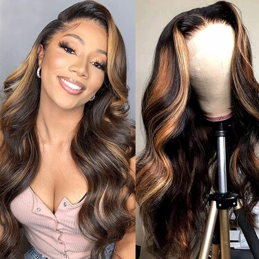 haha 1B/30 Brown Ombre Lace Closure Wig Human Hair Highlight Lace Front Wig 4x4 Body Wave Honey Blonde Highlight Wig Human Hair Glueless Pre Plucked Bleached Knots 150% Density Balayage 14 Inch