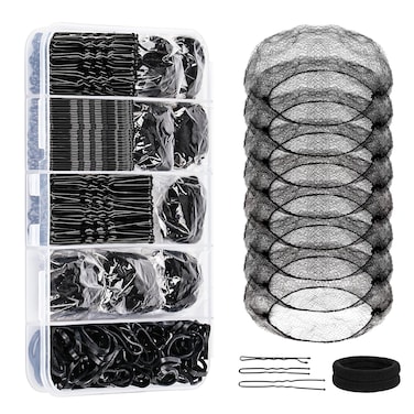 Hair Pins and Hair Net for Buns,Dance Hair Accessories Kit with 100 U-shaped Pins, 50 Bobby Pins, 100 Elastic Rubber Bands, 8 Invisible Hair Nets,2 Hair Ties for Dance Competitions,Black