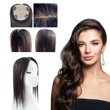 Human Hair Toppers For Women With Thinning Hair Loss Hair Grey Hair,Silktop base4.75x5" Free Part Hand Made Natural Black Color (16inch, #NB Natural Black)