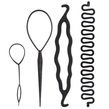 Hair Tail Tools, Hair Braiding Tool Set 4 PCS French Centipede Braiders Loop Tools DIY Hair Styling for Twist Plait Flipper Pull Through Ponytail Tool Ponytail Maker Ties Bulk with Double Hook Black