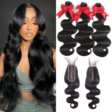 12A Human Hair Bundles with 2x6 Closure 18 20 22 with 16 Inch Brazilian Body Wave Bundles Human Hair with 2x6 HD Lace Closure 100% Unprocessed Virgin Human Hair Weave 3 Bundles Deals with Closure