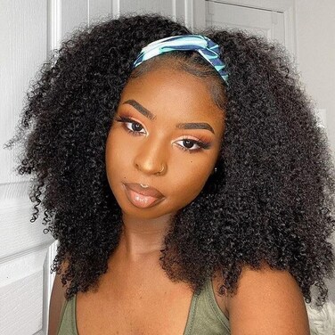 Kinky Curly Headband Wig Human Hair 16 Inch Headband Wigs for Women Human Hair Glueless None Lace Front Curly Wave Wigs Brazilian Virgin Hair Wear and Go Glueless Wig 150% Density Natural Black Color