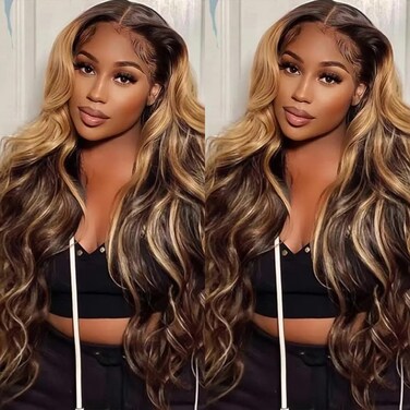 250% Density Honey Blonde Body Wave Lace Front Wig Human Hair 4/27 Highlight Ombre Lace Front Wigs 13x6 Glueless HD Transparent Lace Frontal Wig for Women Pre Plucked with Baby Hair (26inch)