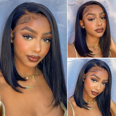 Lace Front Bob Wigs Human Hair Pre Plucked 13x4 Lace Frontal Wigs Human Hair With Baby Hair Bleached Knots Virgin Glueless Human Hair Wigs for Black Women 150% Density Natural Color 12inch