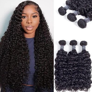 Amella Hair Brazilian Human Hair Water Wave 3 Bundles Wet and Wavy (12 14 16Inch) 100% Unprocessed Virgin Ocean Wave Bundles Human Hair Extension Natural Black