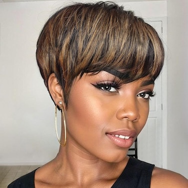 Short Wigs for Black Women Human Hair Pixie Cut Wigs for Black Women Pixie wig with Bangs Black with 27# Brown Short Straight Wigs F1B/27#