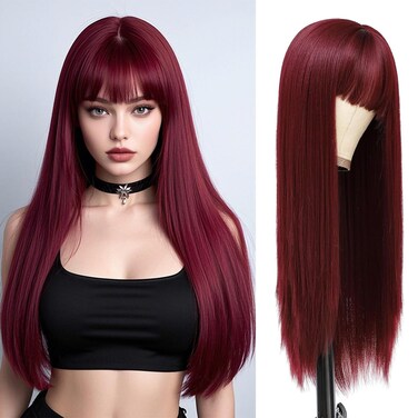 Burgundy Wigs For Women, 24 Inch Wine Red Hair Wig With Bangs Silky Soft Synthetic Fiber Wigs Hair For Daily Party Cosplay(Wine Red)