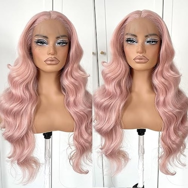Pink Wigs Glueless HD Lace Front Wigs Pre Plucked Synthetic Body Wave Wear And Go Lace Front Wig For Cosplay Party Light Pink Wig With Natural Hairline For Fashion Women