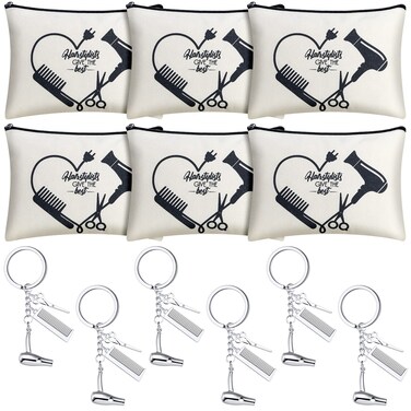 Pinkunn 12 Pcs Hairdresser Gifts Hair Stylist Makeup Bag and Hairdresser Keychain Set Hairdresser Cosmetic Bags Hairdressing Hair Dryer, Scissor, Comb Hairdresser Keyring Hair Stylist Gifts