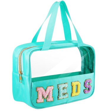 Geetery Chenille Letter Bag Nylon Makeup Bag Portable Bag Makeup Cases Preppy Patch Makeup Bag with Zipper Cosmetic Toiletry Storage Bag for Women(Green,Novel Meds)