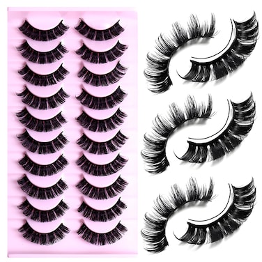 LuckForever 10 Pairs False Eyelashes Russian Strip Eye Lashes Wispy False Lash Fluffy Eyelash Extension Natural Look D Curly Volume Fake Eyelashes Reusable for Women Girls