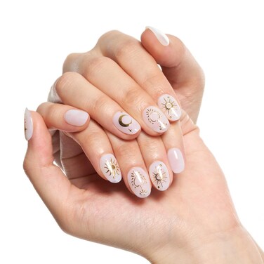 GLAMERMAID Press on Nails Short Oval, Spring Summer Handmade Gothic Star in White Gel Glue on Nails, 24Pcs Glossy Round Reusable UV Finish Fake Nails Acrylic False Nails Manicure Kits for Women