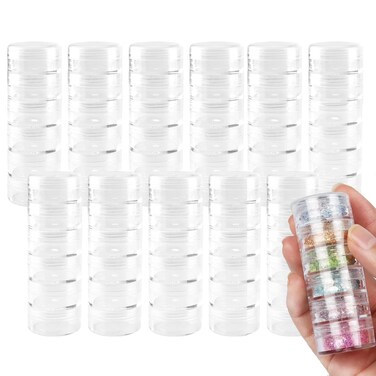 10 Sets 60 Pieces Stackable Cosmetic Containers with Screw Lids, 6 Layer 10g 10ml Round Plastic Bead Storage Box, Clear Column Empty Small Makeup Sample Jar for Glitter Diamond Painting