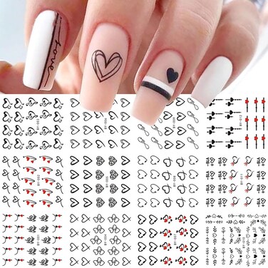 12pcs Heart Nail Art Stickers - Valentine Nail Stickers Black Hollow Heart Nail Decals Red Small Heart Designs Nail Supplies Valentine Water Transfer Stickers Nail Accessories for Nails