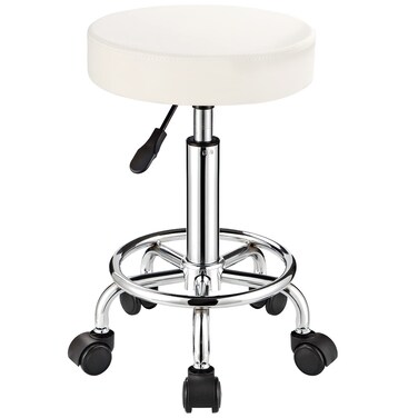 Adjustable Stool with Wheels Round Rolling Stool for Spa Salon Massage Office Stool Chair White